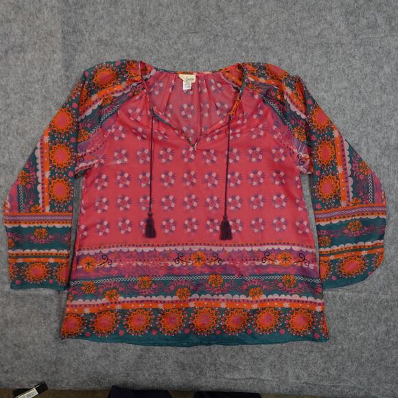 Natural Life Top Womens Small Peasant Sheer Boho Balloon Sleeve Tassel Popover - Picture 1 of 8